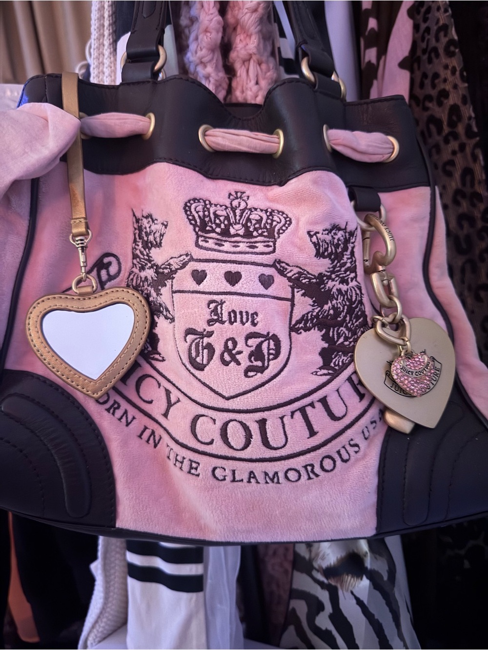 Vintage Juicy Couture Pink and Black Crest Tote with Gold Heart Charms